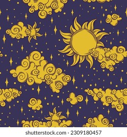 Tarot seamless pattern with sun, clouds and stars. Tarot aesthetic tile with golden cosmic objects. Vector illustration on dark background