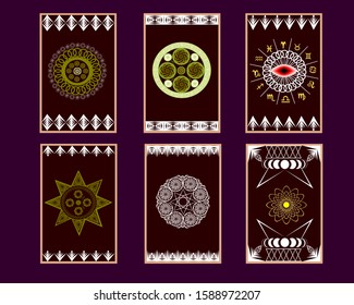 Tarot set, pattern on the back of 6 cards. Concept Belief, Sacred things, magic and occultism.