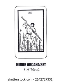 Tarot set. Vector hand drawn  Minor Arcana . 7 of Wands 