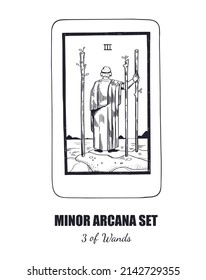 Tarot set. Vector hand drawn  Minor Arcana . 3of Wands 