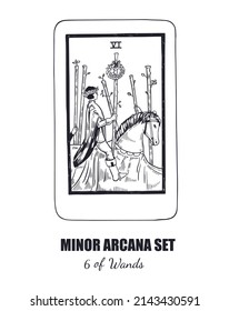 Tarot set. Vector hand drawn  Minor Arcana . 6 of Wands 