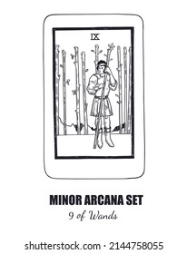 Tarot set. Vector hand drawn  Minor Arcana . 9 of Wands 