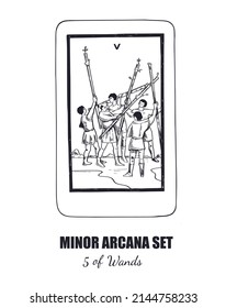 Tarot set. Vector hand drawn  Minor Arcana . 5 of Wands 