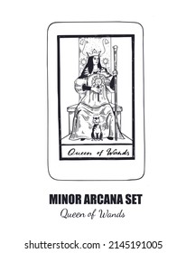 Tarot set. Vector hand drawn  Minor Arcana . Queen of Wands 