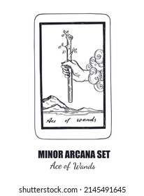 Tarot set. Vector hand drawn  Minor Arcana . Ace of Wands 