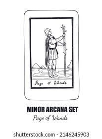 Tarot set. Vector hand drawn  Minor Arcana . Page of Wands 