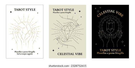 Tarot style banners. Boho line art. Shiny gemstone in arms. Hands holding precious gems. Brilliant crystals. Celestial stars. Magic and alchemy. Spiritual diamond. Vector cards design set