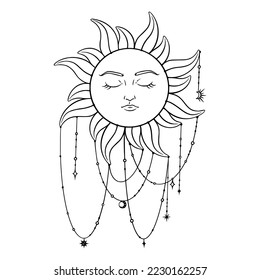 Tarot sun esoteric symbol. Spiritual tarot sun element with moon and stars pendants. Vector illustration isolated in white background