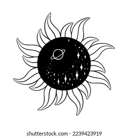 Tarot sun with galaxy inside. Spiritual tarot element of a sun. Vector illustration isolated in white background