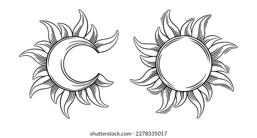 Tarot sun and moon engraved set. Occultism and chiromancy tarot symbols. Vector illustration isolated in white background
