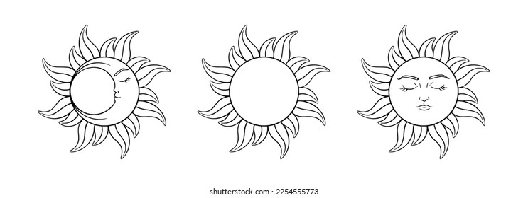 Tarot sun and moon esoteric set. Spiritual tarot elements with cresent moon and sleeping sun. Vector illustration isolated in white background