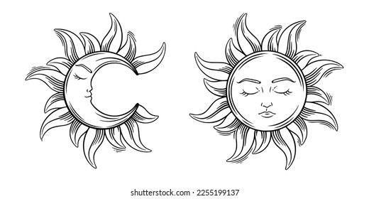 Tarot sun and moon esoteric set. Spiritual tarot elements with celestial and antique symbols. Vector illustration isolated in white background