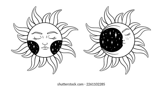 Tarot sun and moon esoteric set. Esoteric tarot elements with celestial and antique symbols. Vector illustration isolated in white background