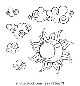Tarot sun and moon esoteric set. Wicca tarot elements with crescent moon. Vector illustration isolated in white background