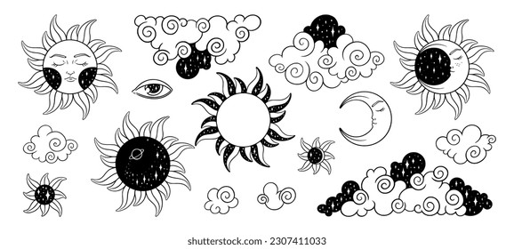 Tarot sun and moon esoteric set. Spiritual tarot elements with celestial and antique symbols. Vector illustration isolated in white background