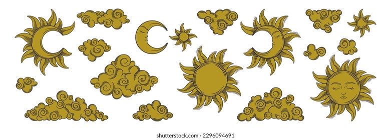 Tarot sun and moon golden aesthetic set. Spiritual tarot elements for astrology, witchcraft and divination designs. Vector illustration isolated in white background