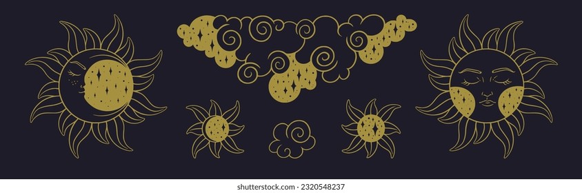 Tarot sun and moon golden set. Spiritual tarot elements with celestial and antique symbols. Vector illustration isolated in white background