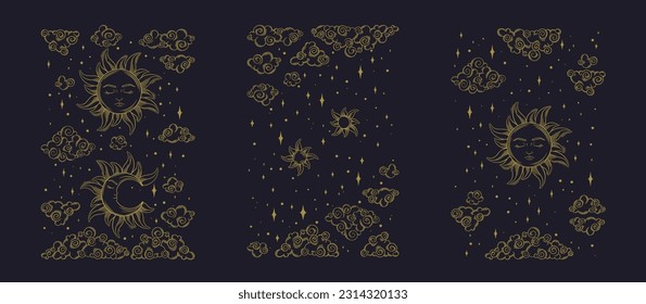 Tarot sun and moon patterns. Spiritual tarot ornaments with celestial and antique symbols. Vector illustration isolated in dark background