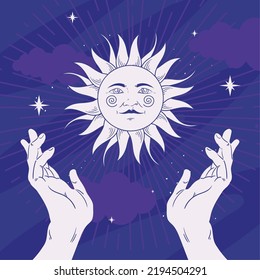 tarot sun poster with hands and star
