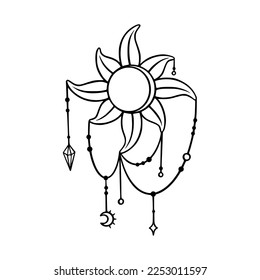 Tarot sun sketch. Boho tarot sun element with moon and stars pendants. Vector illustration isolated in white background