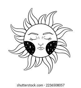 Tarot sun with stars sketch. Celestial tarot element of sleeping sun. Vector illustration isolated in white background