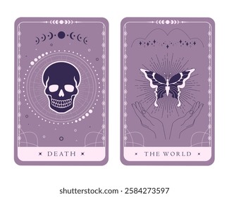 Tarot symbols Death and The World. Magical celestial tarot cards of Major Arcana. Mystery, astrology, alchemy. Vector illustration