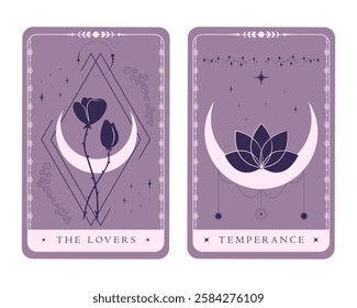 Tarot symbols The Lovers and Temperance. Magical celestial tarot cards of Major Arcana. Mystery, astrology, alchemy. Vector illustration