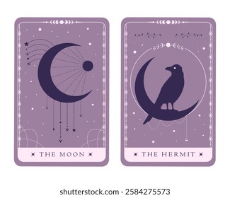 Tarot symbols The Moon and The Hermit. Magical celestial tarot cards of Major Arcana. Mystery, astrology, alchemy. Vector illustration