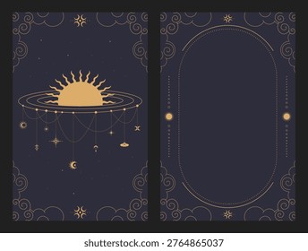 Tarot templates decorated with a Sun and clouds. Tarot card frame and cover. Vector illustration