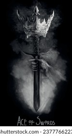Tarot vector card design Ace of swords crown hand minor arcana concept illustration Hand drawn gothic style placard poster print design souls darkness dark mystic art esoteric gothic occult sword