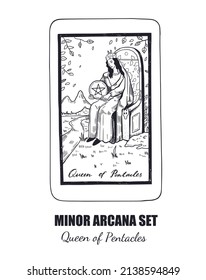 Juego de arcana menor dibujado a mano por vector Tarot. Reina de pentáculos