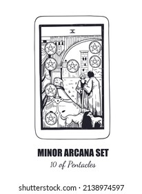 Tarot  vector hand drawn  Minor Arcana  set. 10 of Pentacles