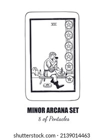 Tarot  vector hand drawn  Minor Arcana  set. 8 of Pentacles