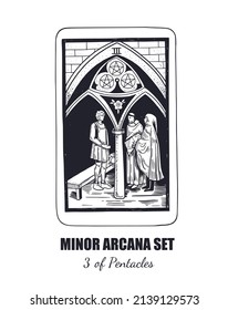 Tarot  vector hand drawn  Minor Arcana  set. 3 of Pentacles