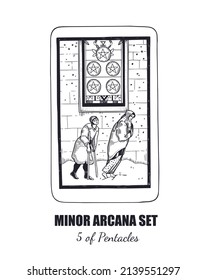 Tarot  vector hand drawn  Minor Arcana  set. 5 of Pentacles