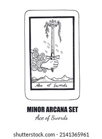 Tarot  vector hand drawn  Minor Arcana  set. Ace of Swords