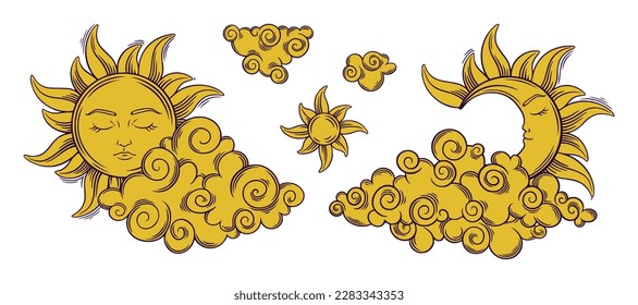 Tarot vintage sun behind cloud. Tarot sun with face and closed eyes. Vector illustration isolated on white backround