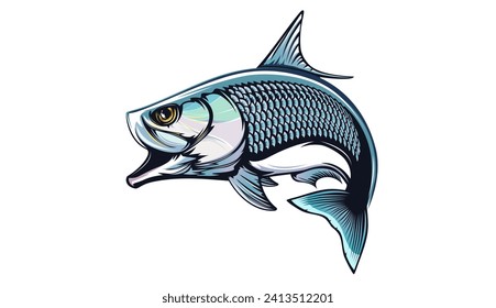 Tarpon fish. Tarpon fish emblem. Fishing theme illustration. Fish Isolated on white.