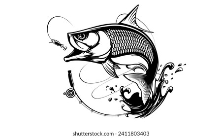 Tarpon fish skeleton. Tarpon fish emblem. Fishing theme illustration. Fish Isolated on white.