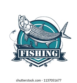 Tarpon fishing emblem. Black and white illustration of tarpon. Vector can be used for web design, cards, logos and other design