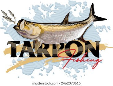 Tarpon Megalops Big Fish Catching Small Fishes Realistic Illustration wit Text