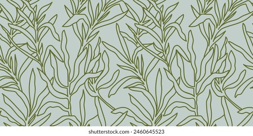 Tarragon seamless pattern. Linear Floral ornament with hand drawn aromatic garden herbs, leaves outline print. Vintage botanical vector illustration