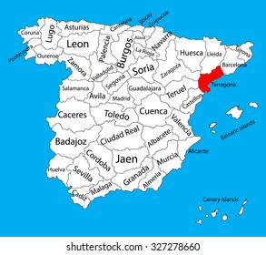 Tarragona map silhouette vector. Spain province. Spain with separated regions isolated on background. Spain autonomy areas map. Editable vector map of Spain.