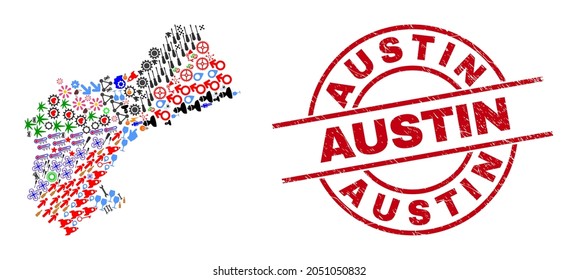 Tarragona Province map collage and scratched Austin red round stamp print. Austin badge uses vector lines and arcs. Tarragona Province map collage includes helmets, houses, wrenches, suns, men,