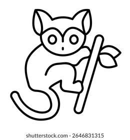 Tarsier animal on tree branch thin line icon, tropical voyage concept. Vector graphics. Tropical monkey, wild life sign on white background, style mobile or design