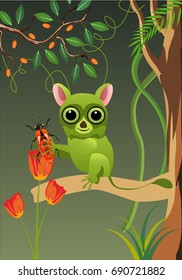 Tarsier eats bug vector illustration