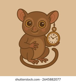 Tarsier with Pocket Watch, A cute tarsier, with its large, expressive eyes and delicate features, holds a vintage pocket watch, conveying a sense of time and wonder.