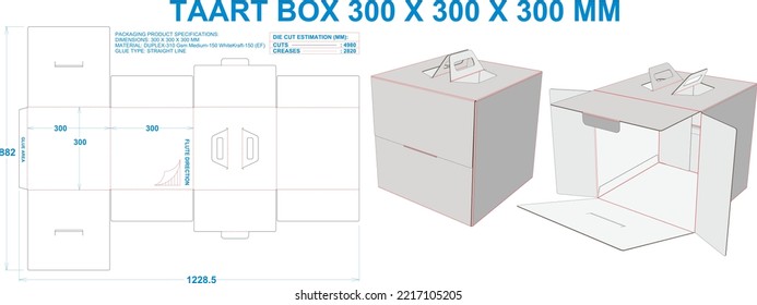 Tart Box. Material: E Flute. Dimensions: 300 X 300 X 300 MM (Eps file scale 1:1). 2D: Real illustrations. 3D Box: Illustration only. Equipped die cut estimates prepared for production.