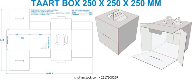 Tart Box. Material: E Flute. Dimensions: 250 X 250 X 250 MM (Eps file scale 1:1). 2D: Real illustrations. 3D Box: Illustration only. Equipped die cut estimates prepared for production.