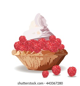 Tart cake with raspberry and cream. Vector Delicious realistic illustration